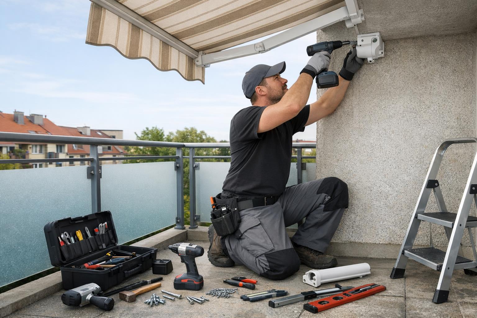 Zdjęcie procesu montażu markizy na balkonie, narzędzia i montażysta przy pracy