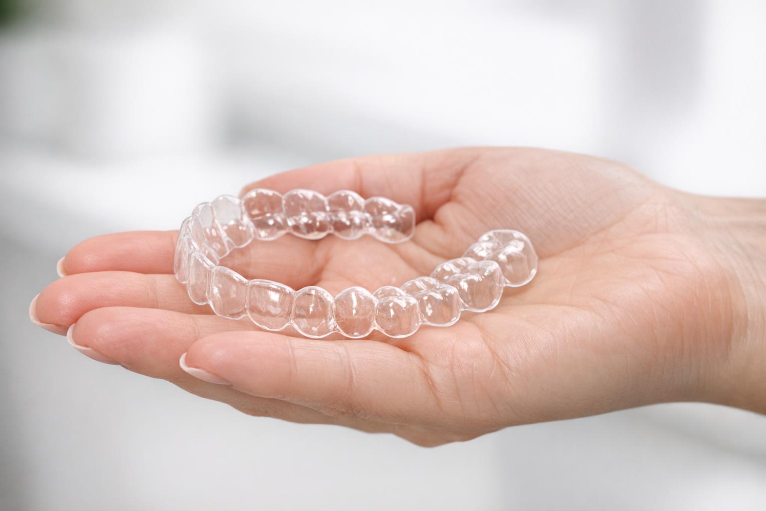 zdjęcie - przezroczyste nakładki Invisalign na dłoni